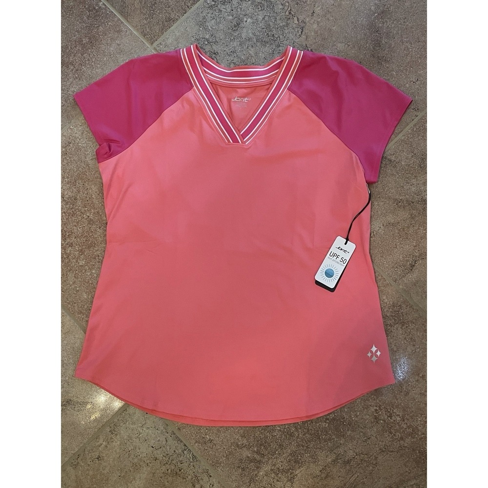 Jofit Women's UPF 50 Golf V-Neck Rib Tee Shirt Pink & Coral Size L NWT